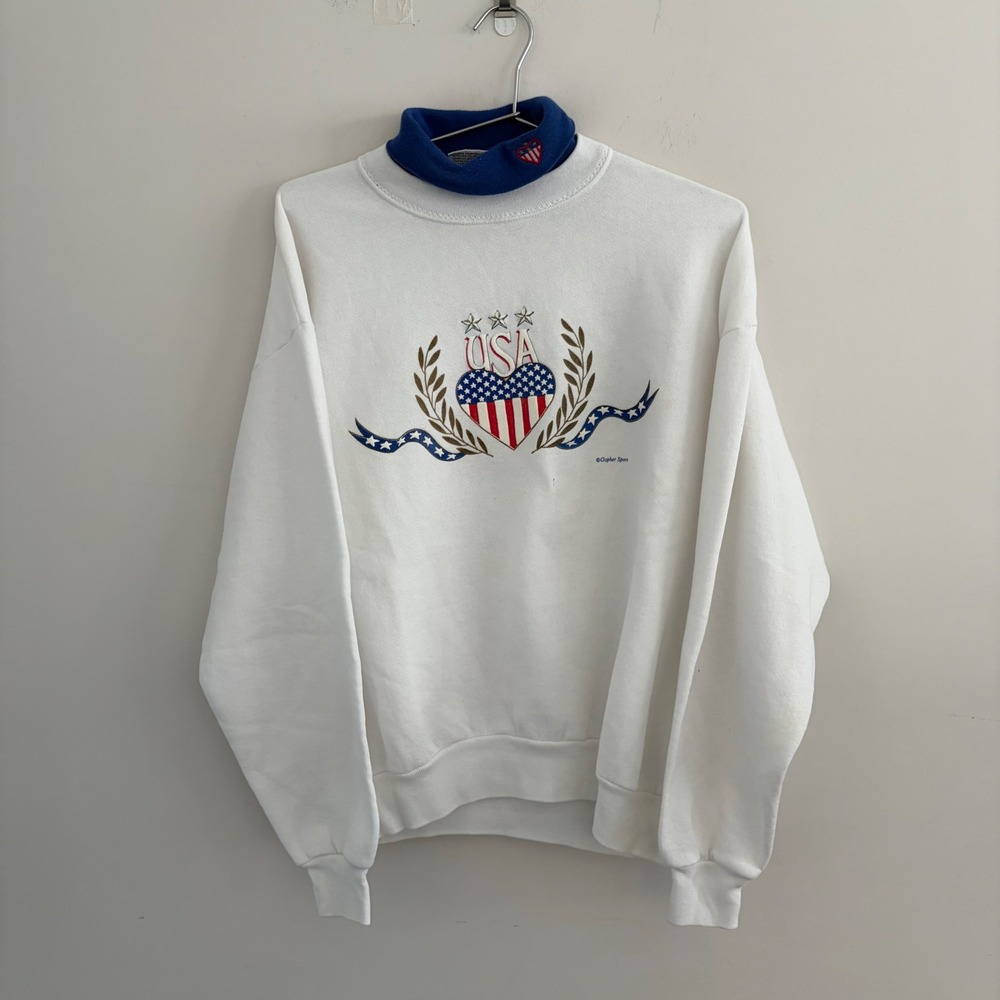 Vintage Gopher Sport USA Patriotic Heart Sweatshirt White Blue Mock Neck Large